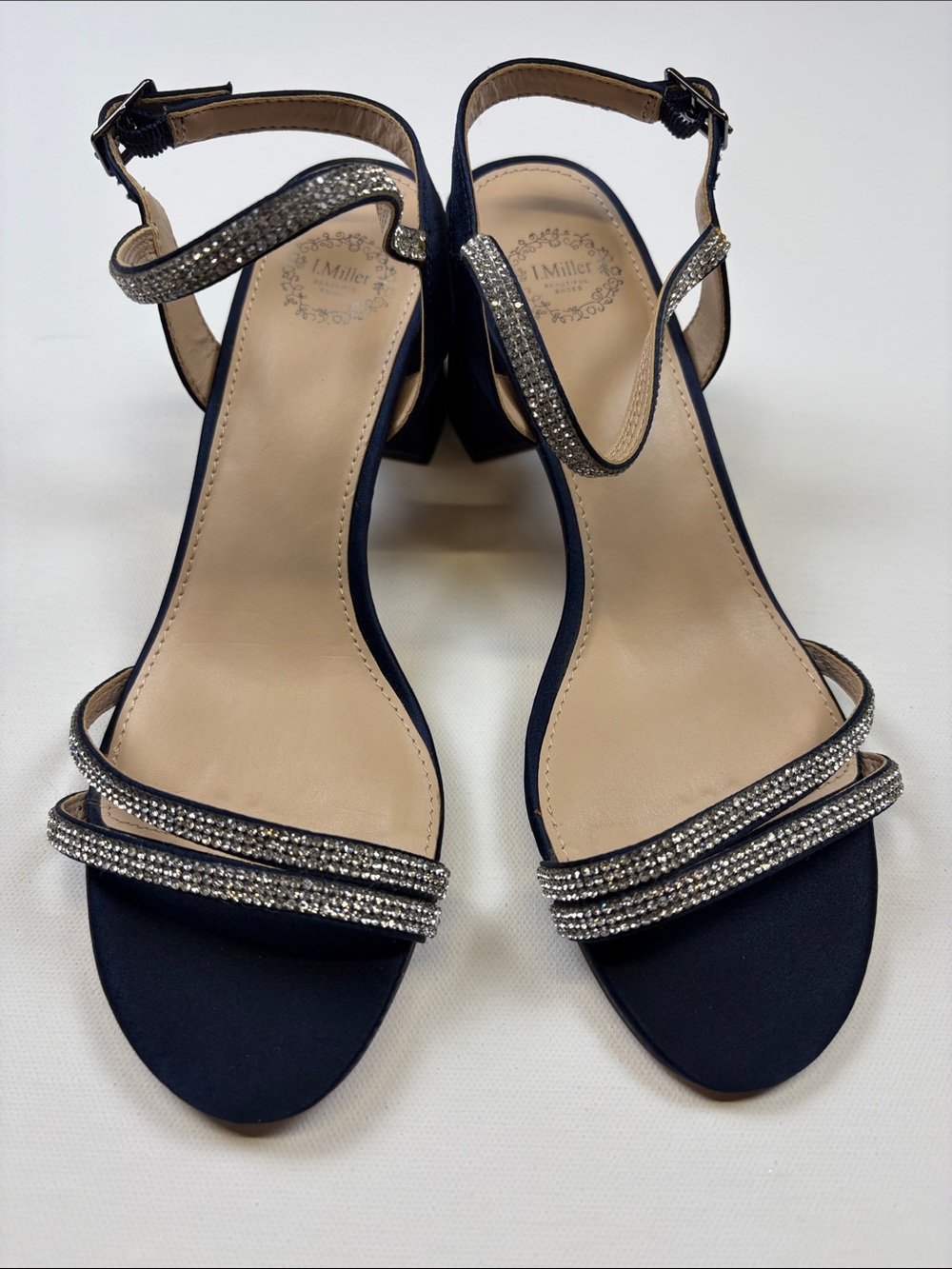 I. MILLER NAVY SATIN RHINESTONE STRAPPY BLOCK HEEL SANDALS SIZE 7.5